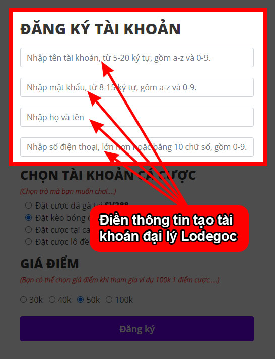 Tạo tài khoản đại lý lodegoc.bet